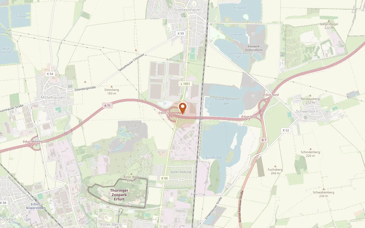 Karte: Erfurter Landstraße 55, 99095 Erfurt-Stotternheim — Anschlussstelle Erfurt-Stotternheim an der A71