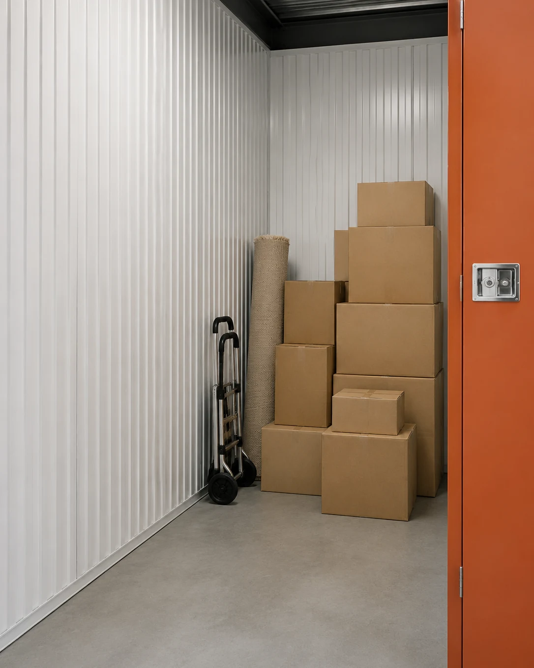 Umzugskartons, Teppich und Sackkarre in einer Lagerbox bereitgestellt